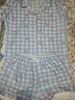 Womens Short Pajama Set - Light Blue Gingham with Pink Bows